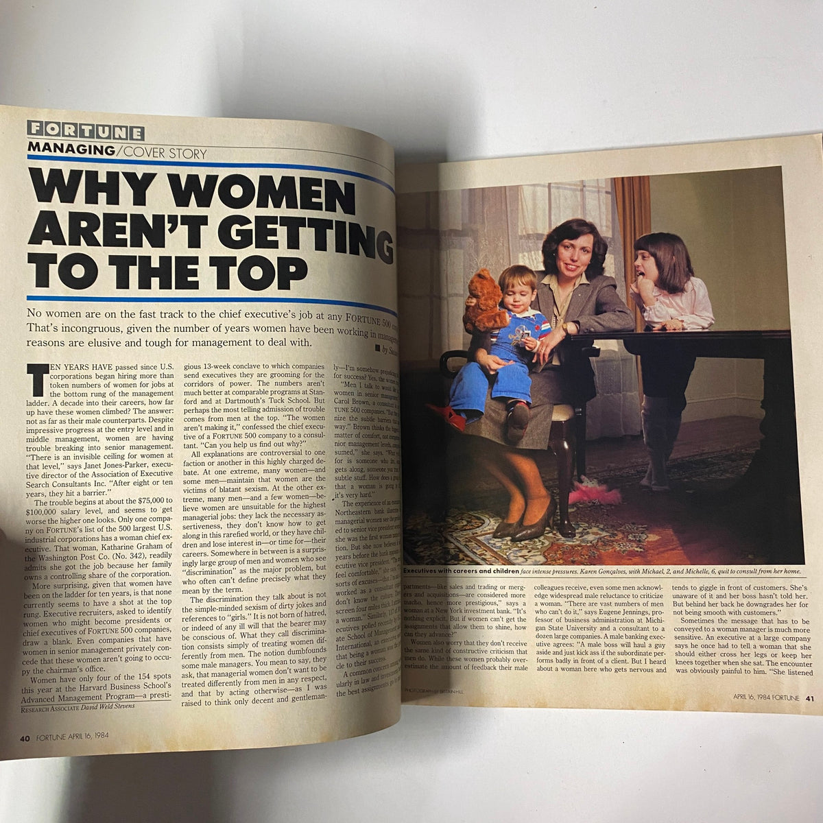 Fortune Magazine April 16, 1984, featuring the cover story 'Why Women Aren’t Getting to the Top,' discussing barriers to women's leadership in corporate roles, with a photograph of a woman and children.