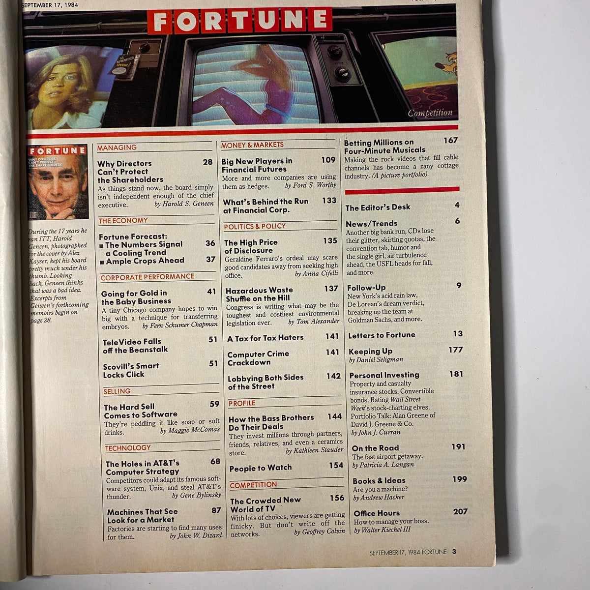 Table of contents page from the September 17, 1984 issue of Fortune Magazine, listing key articles and features including corporate leadership and economic forecasts.