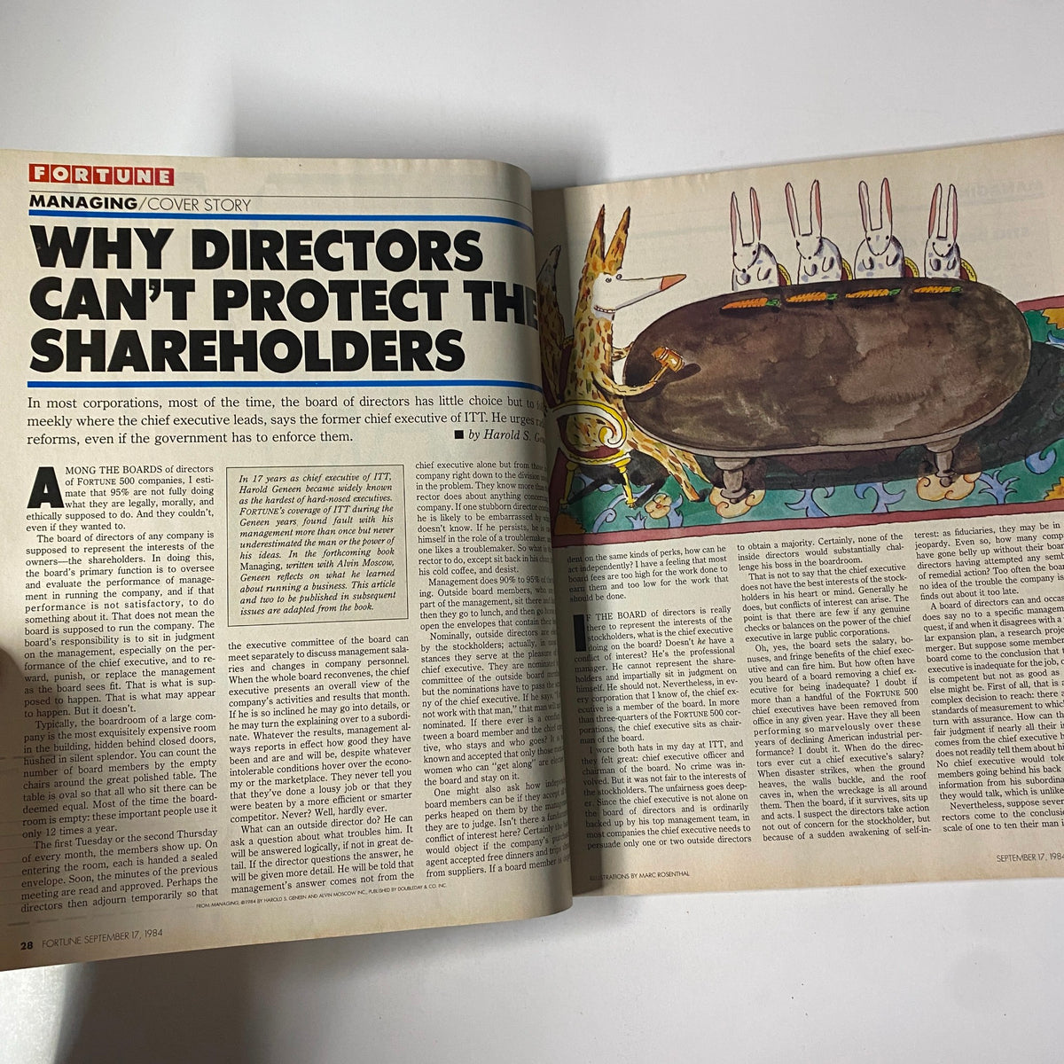 Article page titled 'Why Directors Can’t Protect the Shareholders' from the September 17, 1984 issue of Fortune Magazine, discussing corporate governance and board responsibilities.