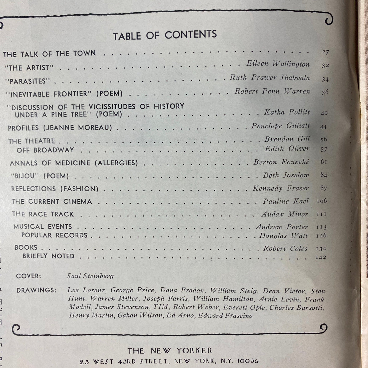 Table of contents from The New Yorker magazine, March 13, 1978, listing featured articles and illustrations with contributions by various writers and artists.