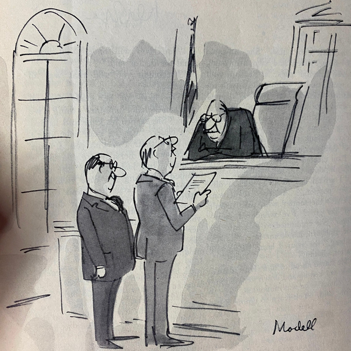 An illustration from The New Yorker magazine, March 13, 1978, depicting a courtroom scene with two characters standing before a judge, showcasing the magazine's characteristic humor.