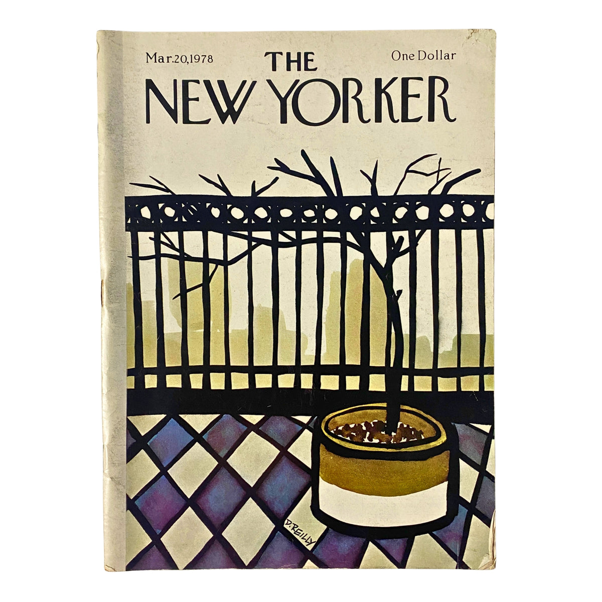 Cover page of The New Yorker magazine from March 20, 1978, featuring a unique illustration by Donald Reilly with a foreground of a potted plant and a decorative fence.
