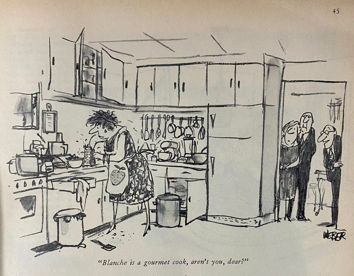 Cartoon illustration from The New Yorker Full Magazine March 20, 1978 by Donald Reilly, depicting a kitchen scene with a woman cooking and two gentlemen observing.