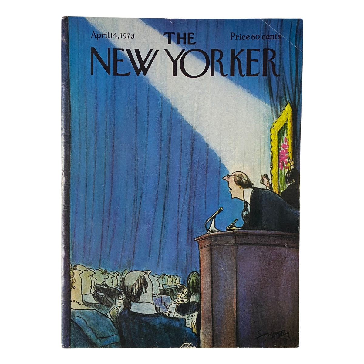 Cover of The New Yorker magazine from April 14, 1975, featuring a captivating illustration by Charles Saxon depicting a speaker at a podium, highlighting the artistic style of the 1970s.
