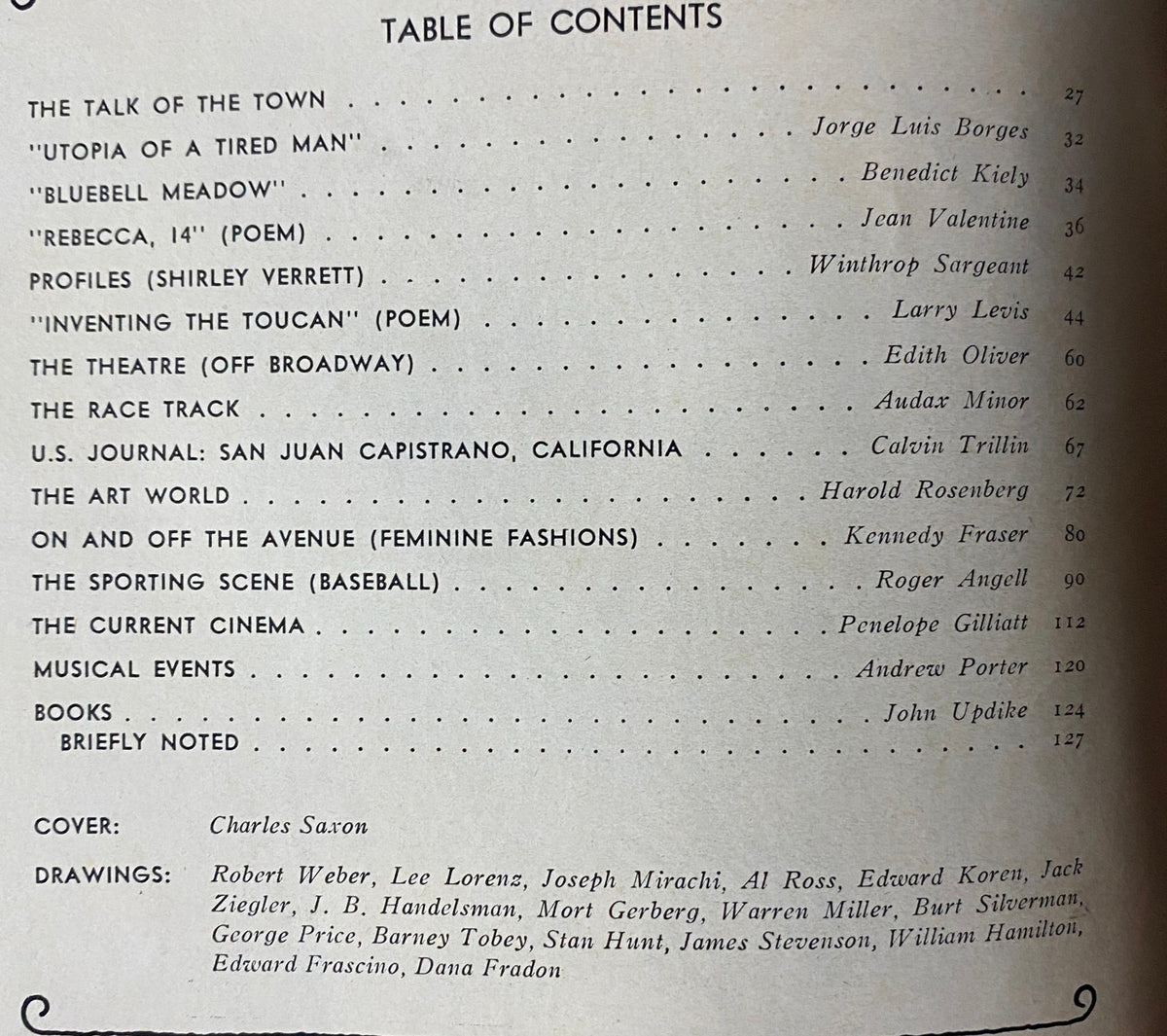 Table of contents page from The New Yorker magazine, April 14, 1975, featuring article titles such as 'Utopia of a Tired Man' by Jorge Luis Borges and a profile on opera star Shirley Verrett.