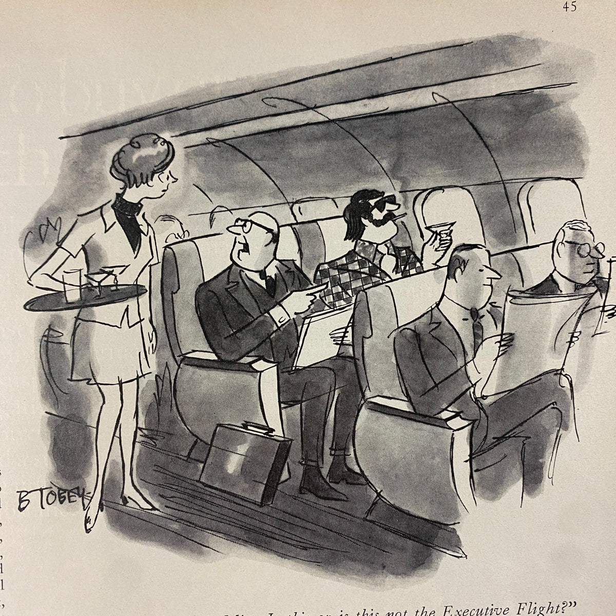 Cartoon illustration by B. Tobey from The New Yorker magazine, April 14, 1975, depicting airplane passengers interacting with an attentive flight attendant.