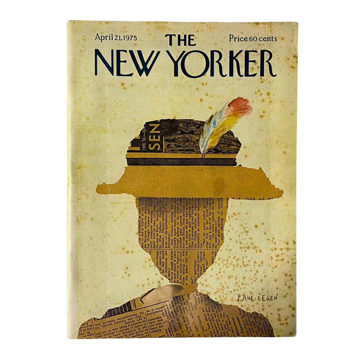 Cover of The New Yorker magazine, April 21, 1975, illustrated by Paul Degen. The cover features a silhouette composed of newspaper clippings and adorned with a colorful feather, embodying the artistic and cultural flair of the era.