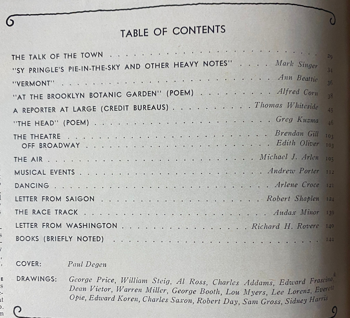 Table of contents from The New Yorker magazine April 21, 1975 featuring articles by various authors including Mark Singer and Ann Beattie.