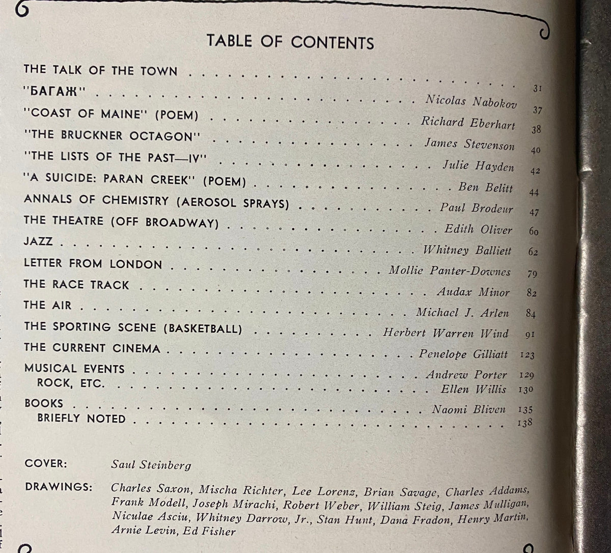 Table of contents from The New Yorker Full Magazine April 7, 1975, listing various literary works and contributors including Nicolas Nabokov and Penelope Gilliatt.