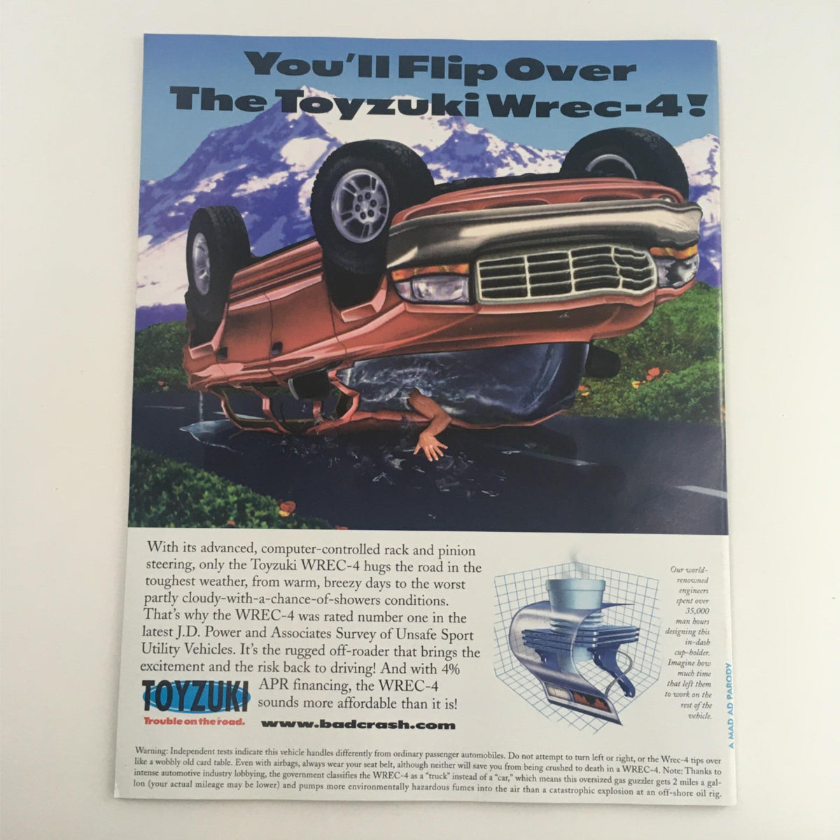 Back cover of Mad Magazine August 1998 No. 372 featuring a humorous advertisement for the Toyzuki Wrec-4, capturing the magazine's signature satirical style.