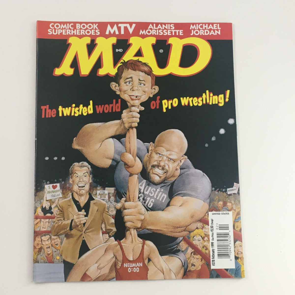 Mad Magazine February 1999 Issue No. 378 featuring a humorous cover illustration of pro wrestling with caricatures of wrestlers and crowd reactions.
