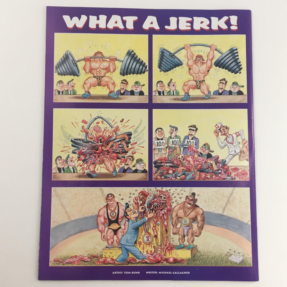 Back cover illustration of Mad Magazine April 1999 No. 380 titled 'What a Jerk!', showcasing comedic artwork by Tom Bunk, featuring exaggerated humorous scenes.