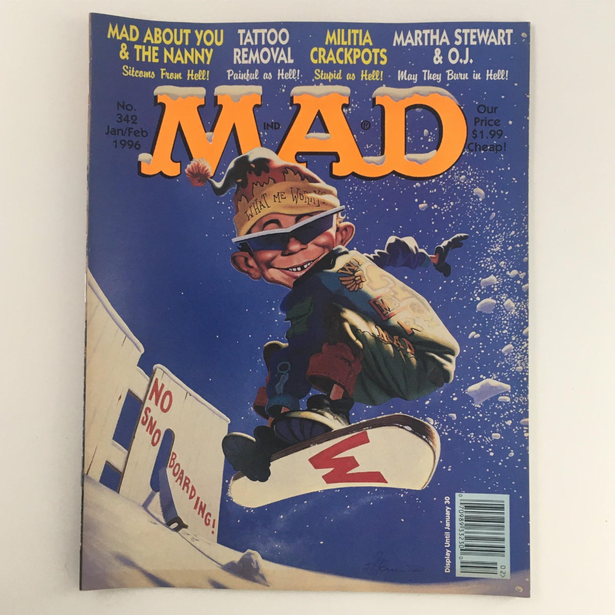 Cover of Mad Magazine January/February 1996 No. 342 featuring a humorous character snowboarding with a 'No Snowboarding' sign, showcasing iconic satire and vintage appeal in Very Fine condition VF 8.0.