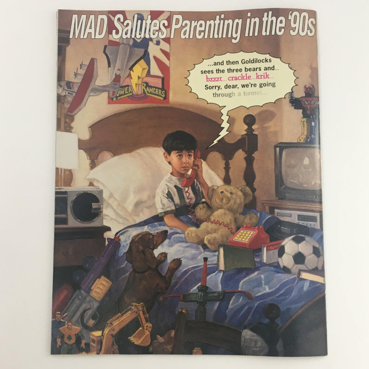 Cover of Mad Magazine depicting a boy on the phone in a cluttered 90s-themed bedroom, titled 'Mad Salutes Parenting in the ’90s', reflecting nostalgic humor and cultural commentary.