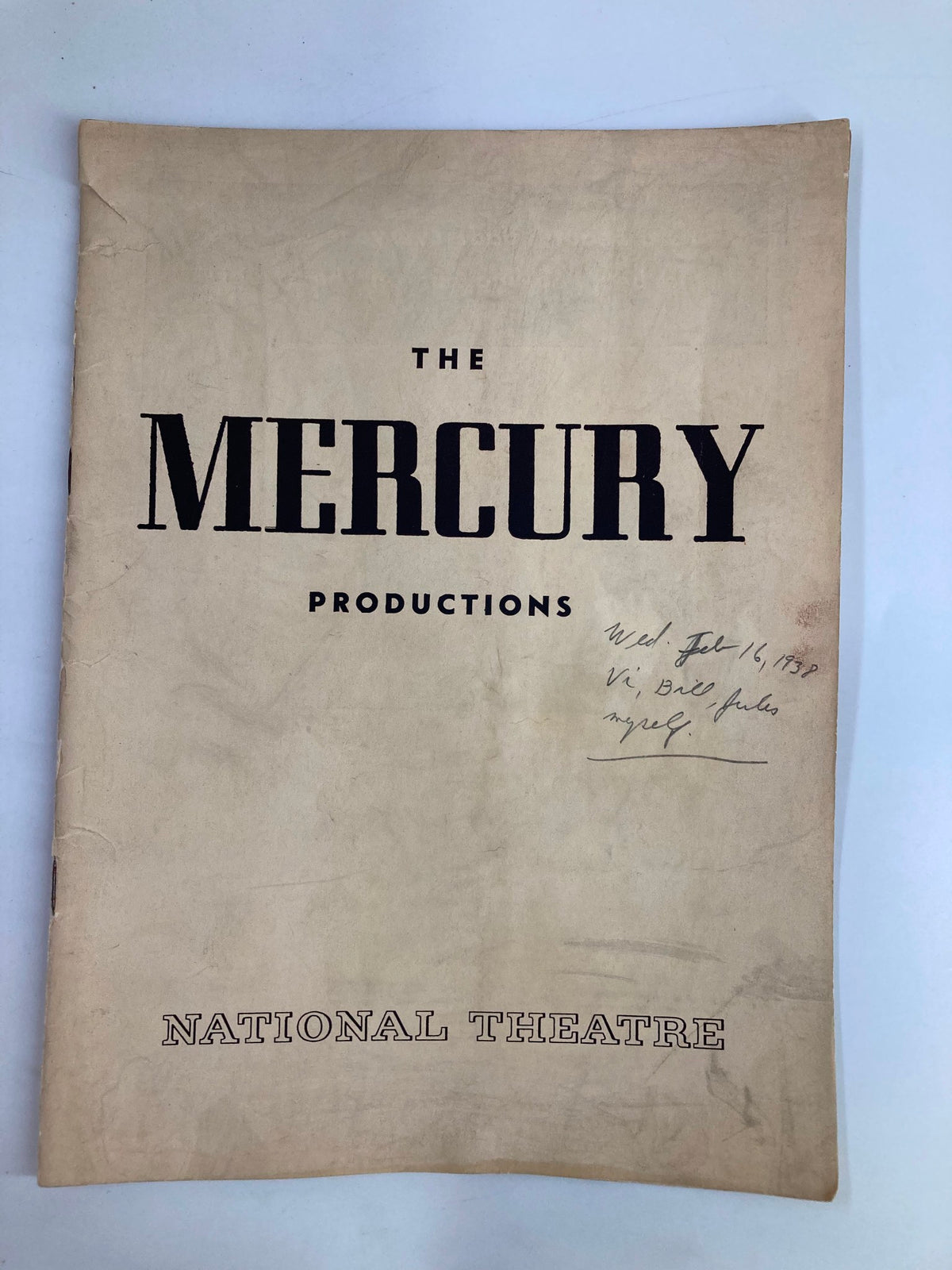 Cover of the 1938 Playbill for National Theatre's production of The Tragedy of Julius Caesar by William Shakespeare, featuring the title 'The Mercury Productions' and the National Theatre logo.
