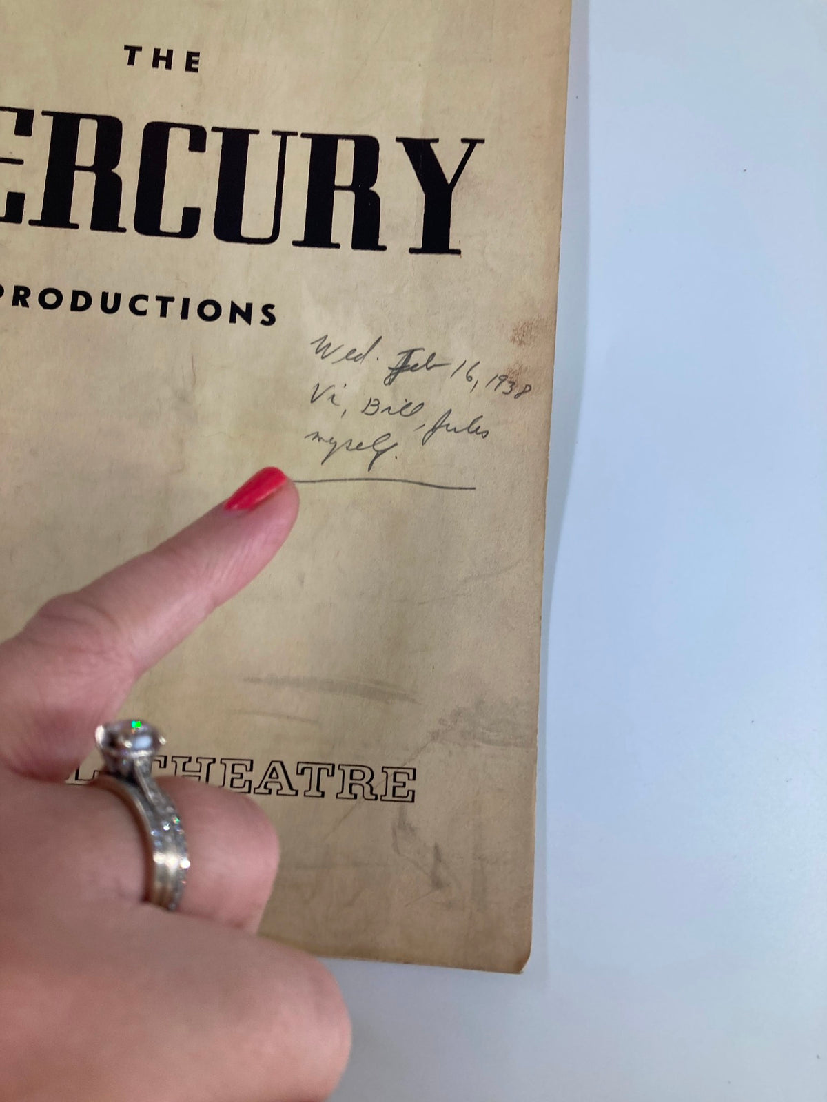 Close-up of the cover of the 1938 Playbill for National Theatre's production of The Tragedy of Julius Caesar by William Shakespeare, showing handwritten notes with date 'Wed, Feb 16, 1938' and the title 'The Mercury Productions'.