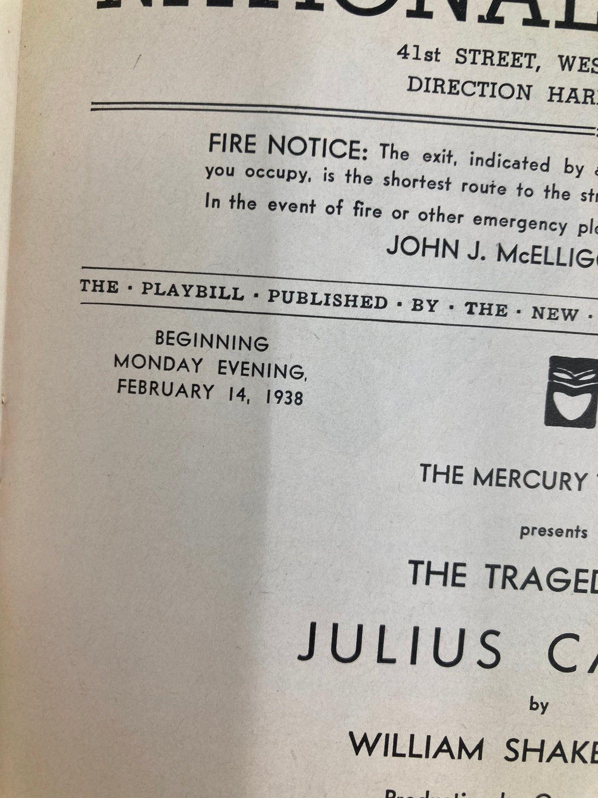 Close-up of the 1938 Playbill for The Tragedy of Julius Caesar by William Shakespeare, displaying the opening date and production details from the National Theatre.