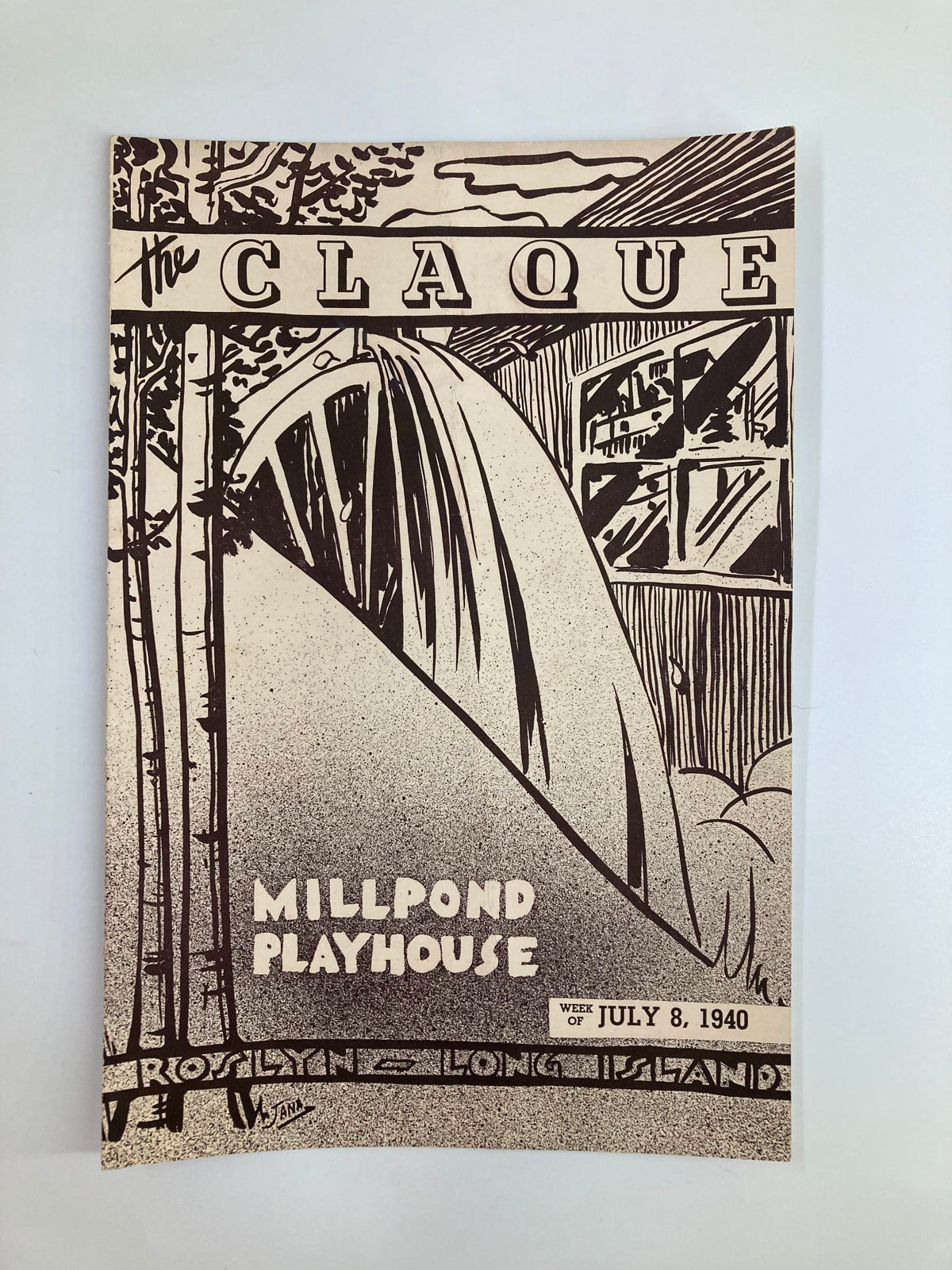 Cover of the 1940 Playbill for The Claque Millpond Playhouse production of Death Takes A Holiday by Walter Ferris, featuring a vintage design with the title prominently displayed and artistic illustrations of the theater backdrop.