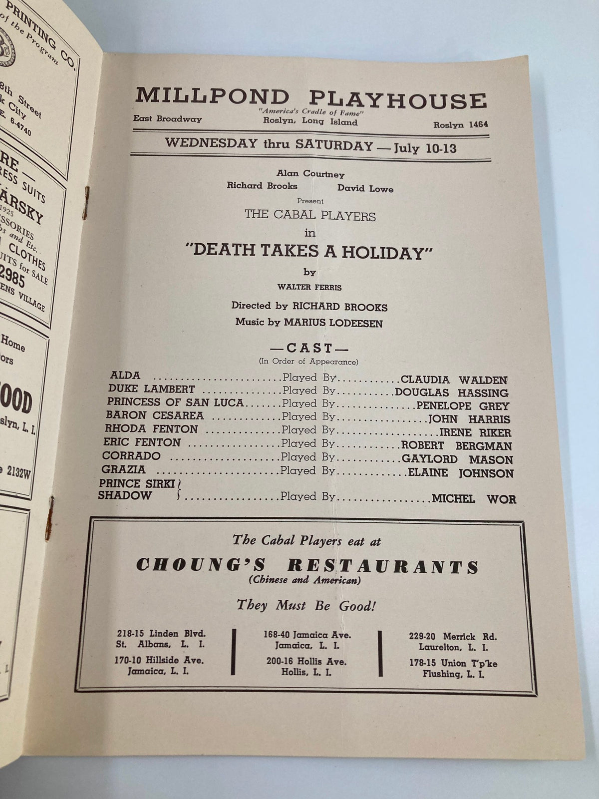 Inside page of the 1940 Playbill for The Claque Millpond Playhouse production of Death Takes A Holiday by Walter Ferris, detailing the cast and creative team, along with performance dates and venue information.