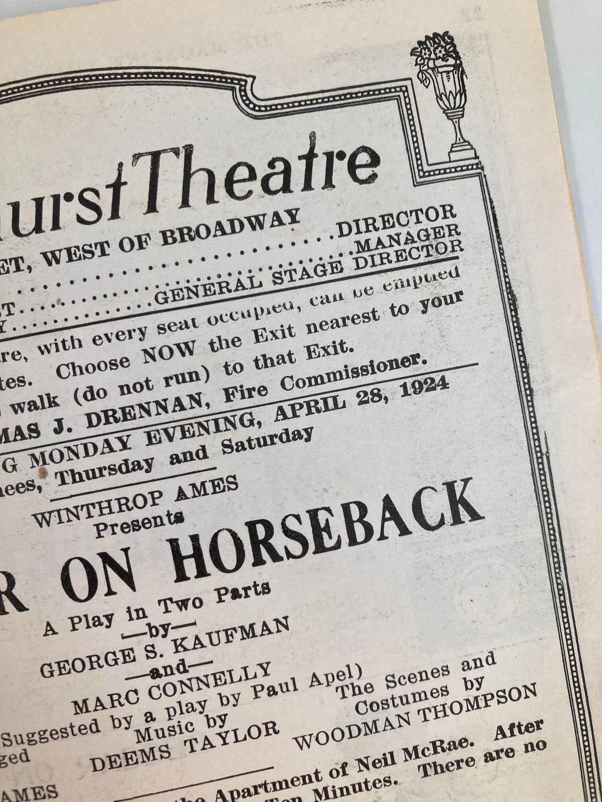 Close-up of the Broadhurst Theatre magazine page with details about the play "Beggar on a Horseback" by George S. Kaufman, highlighting the date April 28, 1924.