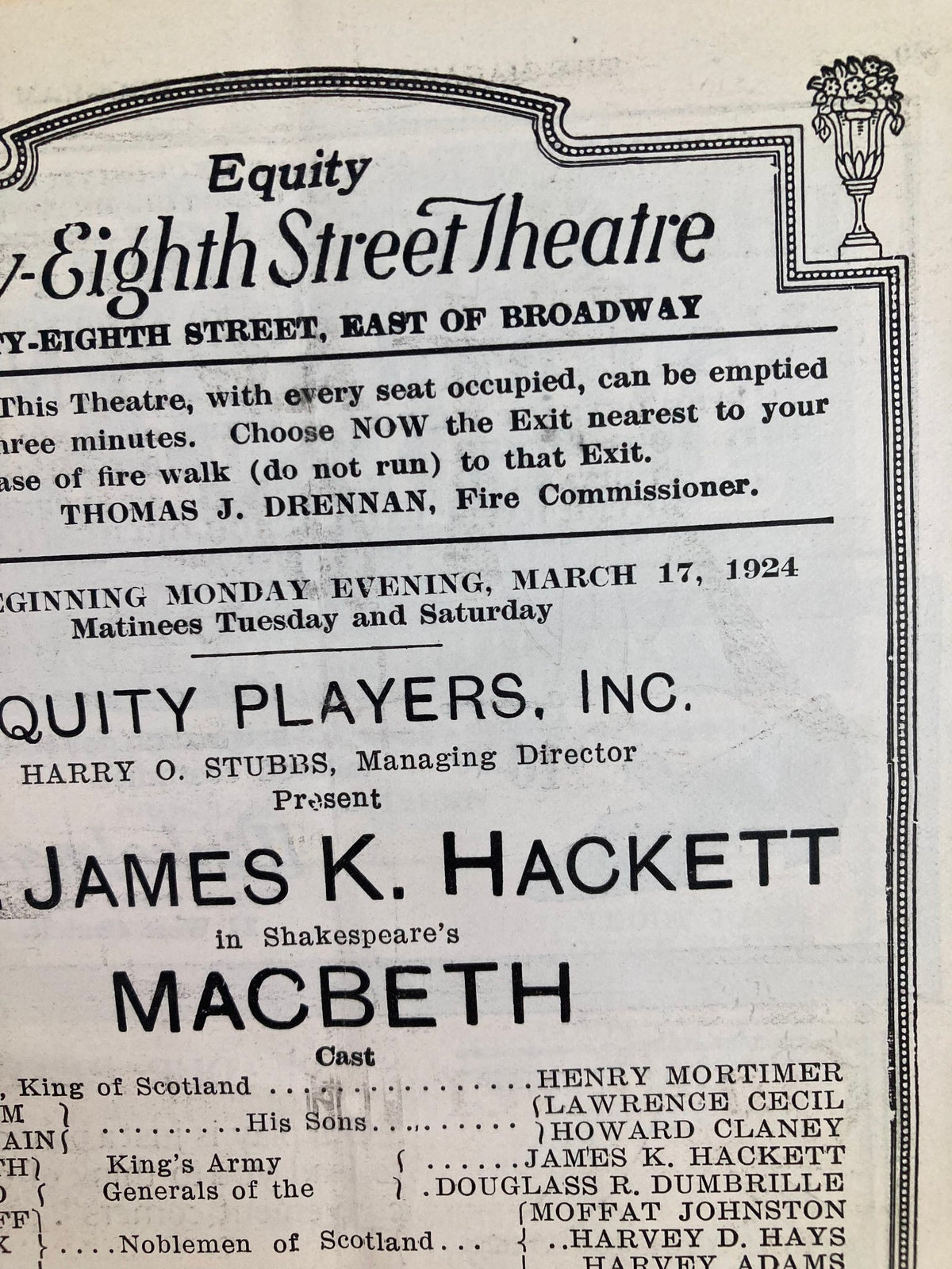 1924 Equity Players Inc. Playbill for Macbeth featuring Mr. James K. Hackett, detailing the cast and theater information for the performance at Equity Theatre.