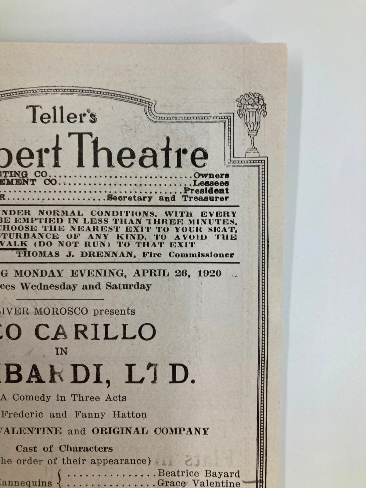 Close-up of the inside page of the 1920 Teller's Shubert Theatre Playbill highlighting the performance details for Leo Carillo in 'Lombardi Ltd.' and production credits.
