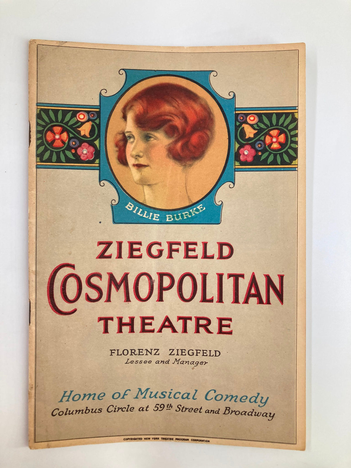 Vintage magazine cover of the 1925 Ziegfeld Cosmopolitan Theatre featuring Billie Burke, showcasing the iconic theatre's cultural significance and its role as the home of musical comedy.