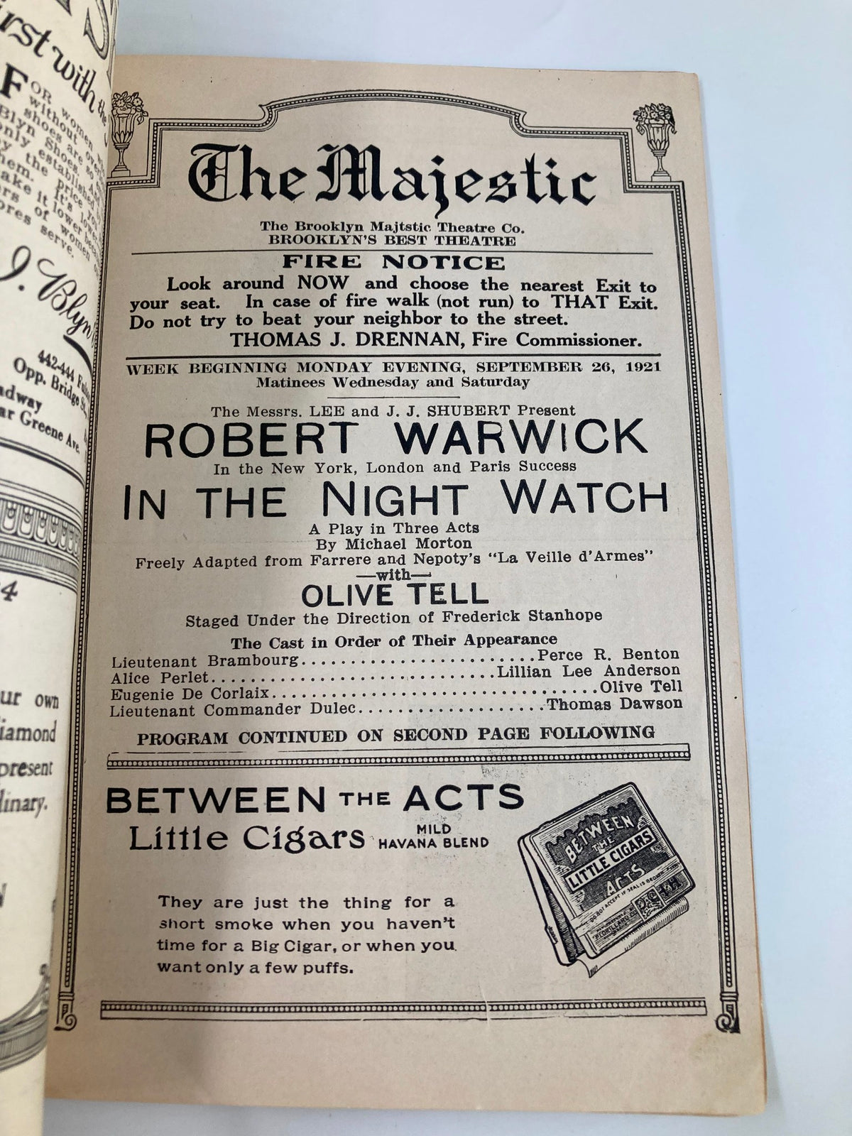 Inside page of the 1921 The Majestic Theatre Playbill highlighting Robert Warwick's performance in 'In The Night Watch' alongside Olive Tell.
