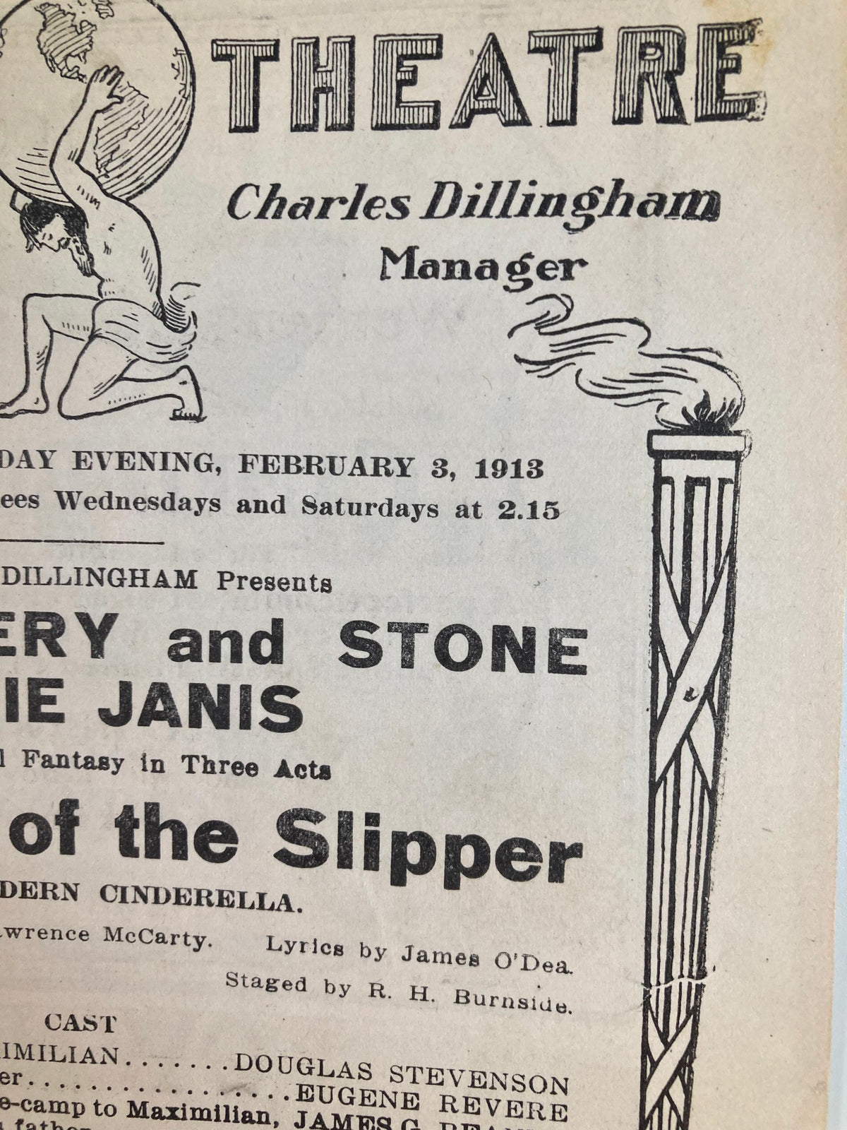 1913 Globe Theatre Playbill featuring Montgomery & Stone, and Elsie Janis in The Lady of the Slipper. This historic playbill captures the vibrant design and significant cultural moment of early 20th-century theatre.