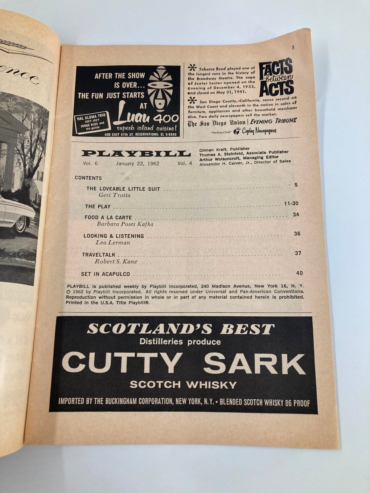 Interior page of the 1962 Playbill for The Broadway Theatre, displaying contents and advertisements related to the play Kean featuring Alfred Drake.