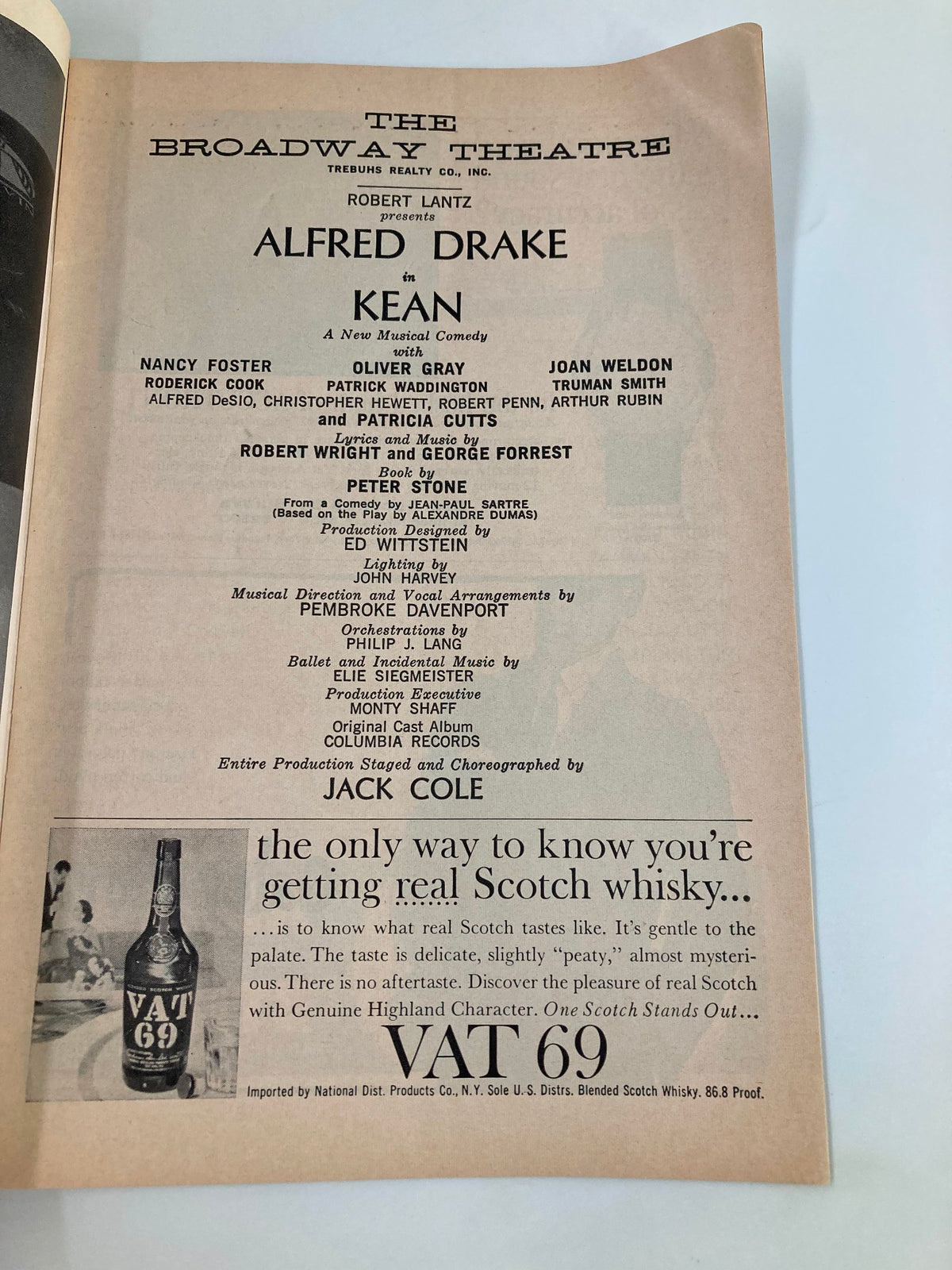 1962 Playbill featuring Alfred Drake in Kean at The Broadway Theatre, showcasing the cast and creative team, a collectible piece of Broadway history.