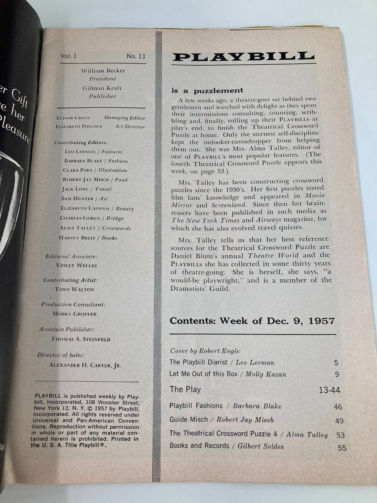 Interior page of the 1957 Playbill for The Rope Dancers, listing contributors and content for the week of December 9, 1957.