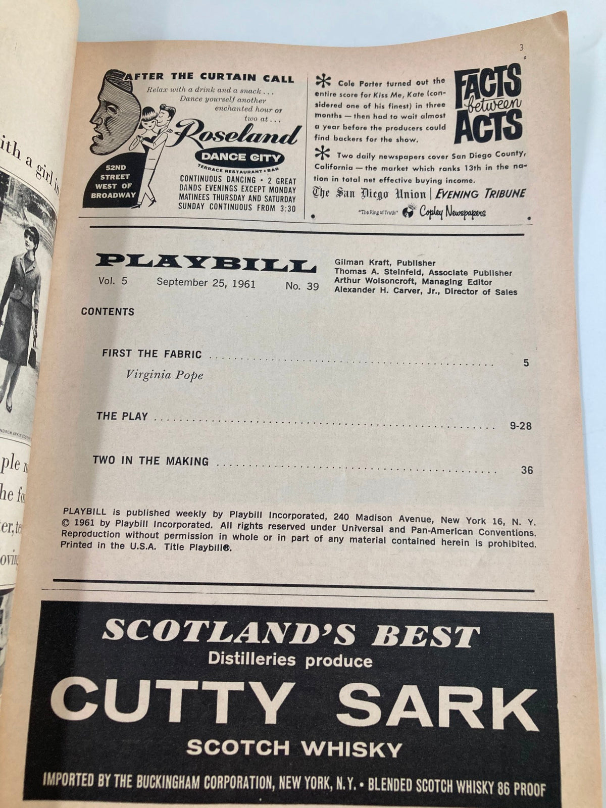 Page from the 1961 Playbill for The Plymouth Theatre featuring the Virginia Pope article and information about the play. Plays an important part of Broadway history.