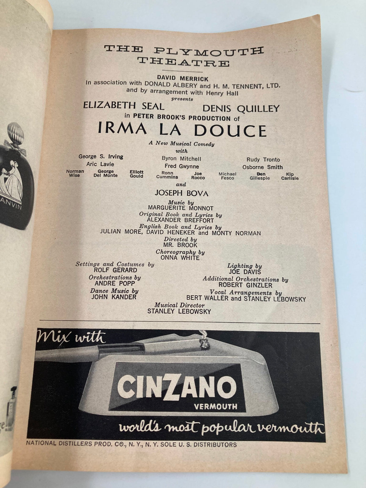 Page from the 1961 Playbill for Irma La Douce at The Plymouth Theatre featuring Elizabeth Seal and Denis Quilley, showcasing the cast and creative team of this iconic musical.