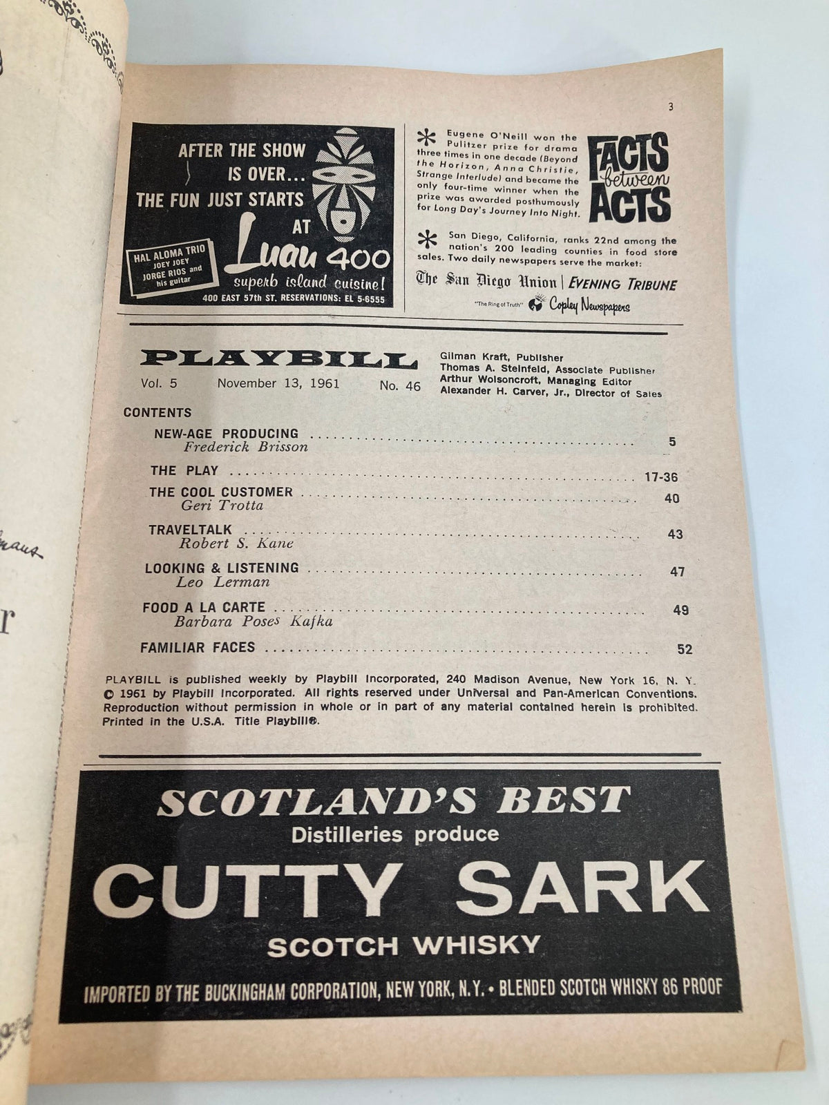Interior page of the 1961 Playbill for 'Mary, Mary' showcasing the contents and credits of the production at the Helen Hayes Theatre.