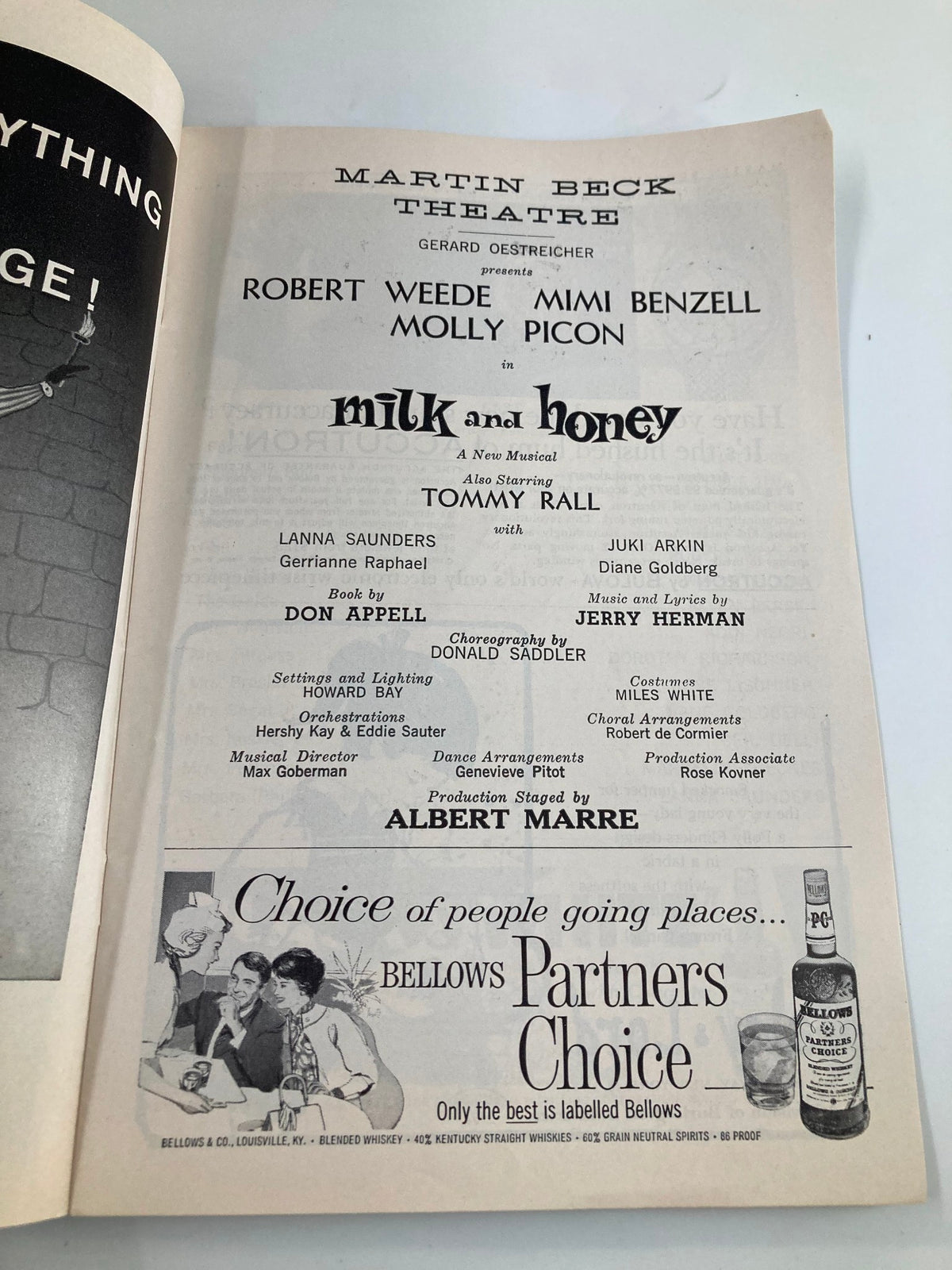 Inside page of the 1962 Playbill for 'Milk and Honey' at Martin Beck Theatre, showcasing cast details and production credits.