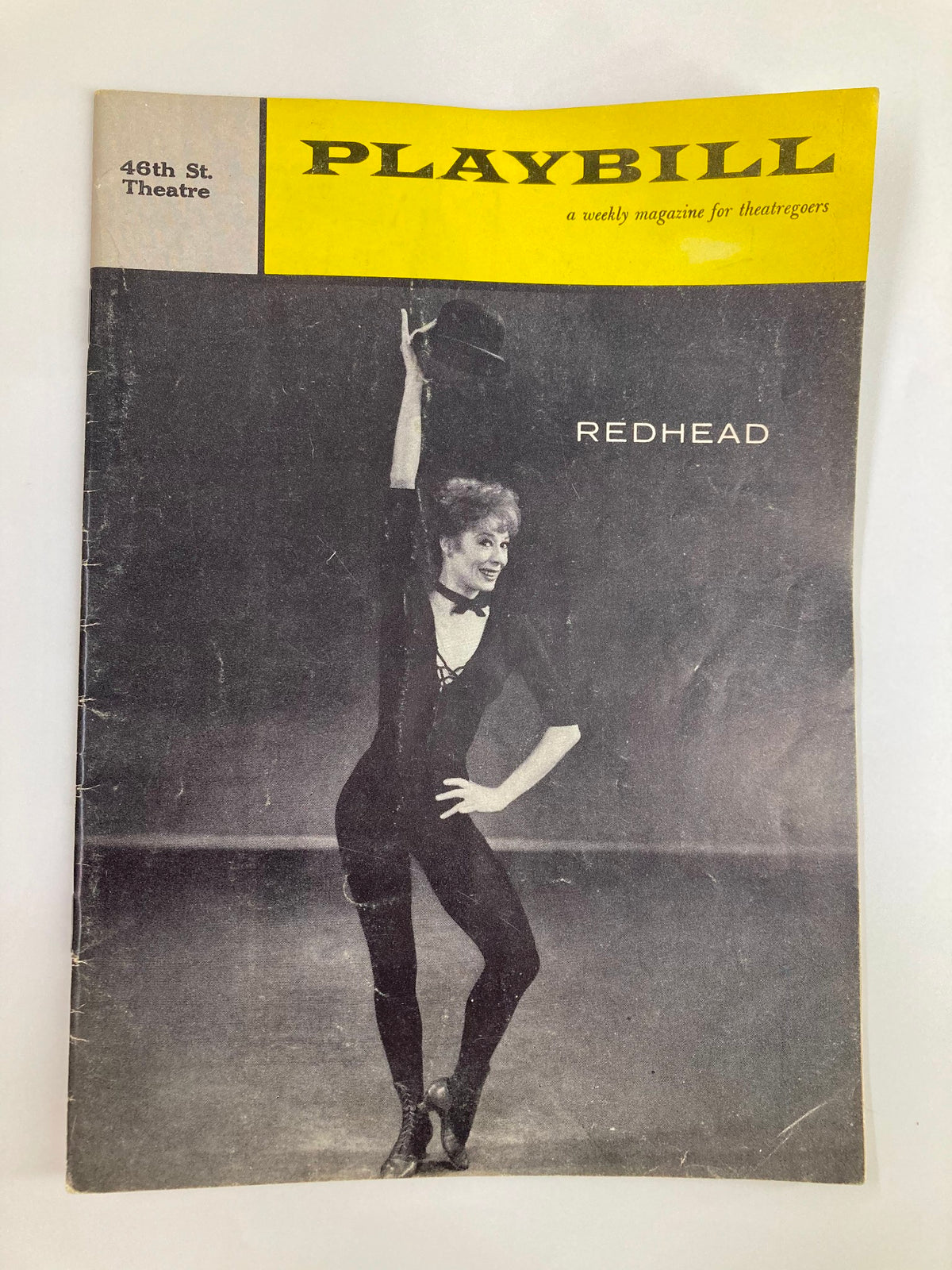 Vintage 1959 Playbill from the Forty-Sixth Street Theatre featuring Gwen Verdon in the Bob Fosse production 'Red Head', showcasing a striking black and white cover with Verdon striking a pose.