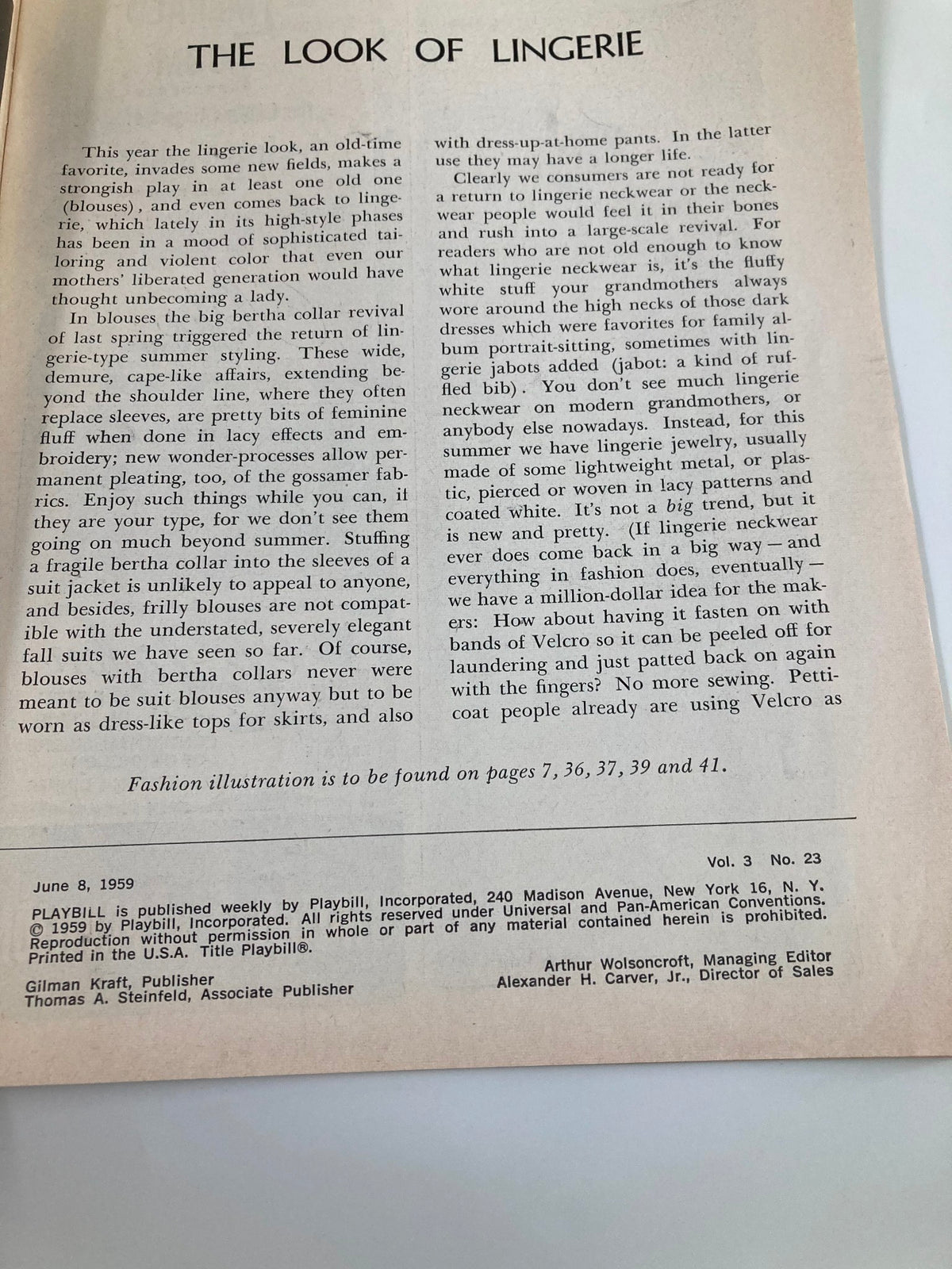 Interior page from the June 8, 1959 Playbill, discussing fashion trends in lingerie, part of the collection featuring Gwen Verdon in 'Red Head' by Bob Fosse.