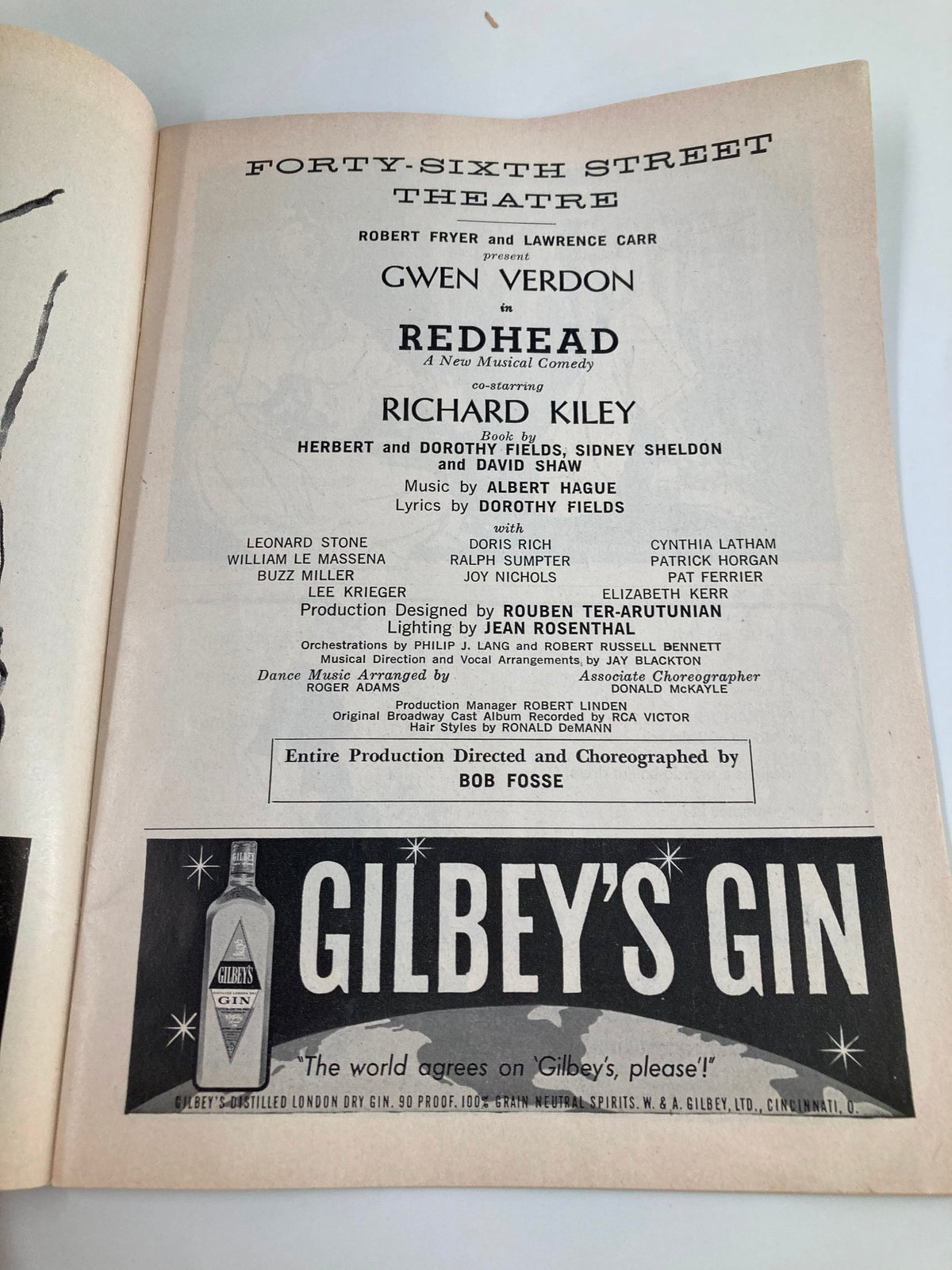The interior page of a 1959 Playbill from the Forty-Sixth Street Theatre featuring Gwen Verdon in 'Red Head' by Bob Fosse, showcasing cast and production details including Richard Kiley and the creative team, highlighted with a vintage advertisement for Gilbey's Gin.