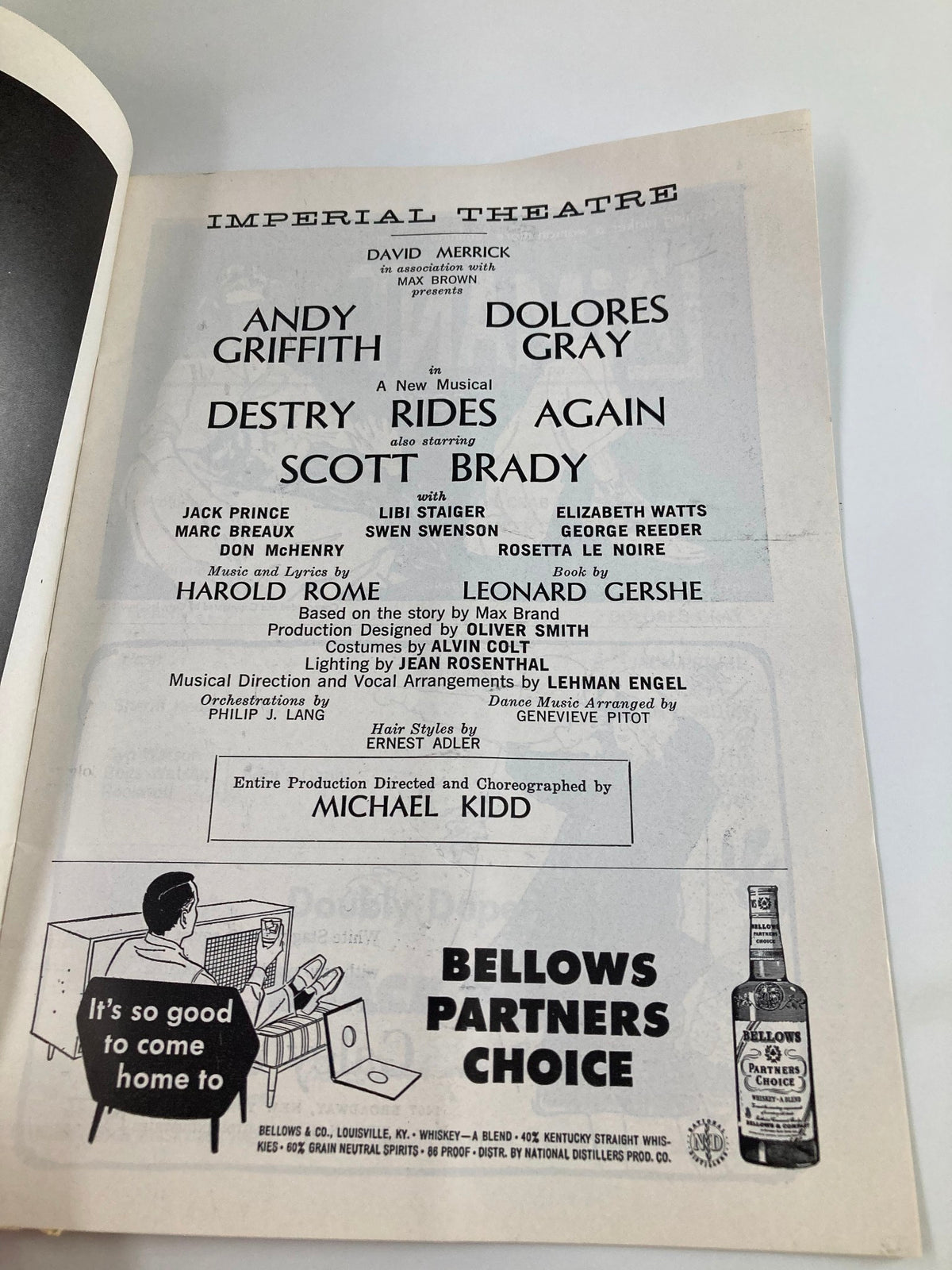 Inside page of the 1959 Playbill for Destiny Rides Again at Imperial Theatre, listing the cast and crew including Michael Kidd, emphasizing Broadway history.