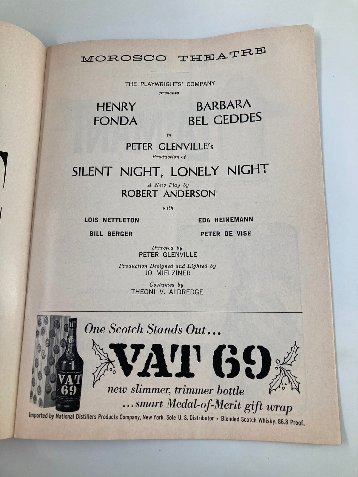 Page from the 1960 Playbill of Morosco Theatre listing the cast including Henry Fonda and Barbara Bel Geddes for Silent Night, Lonely Night.