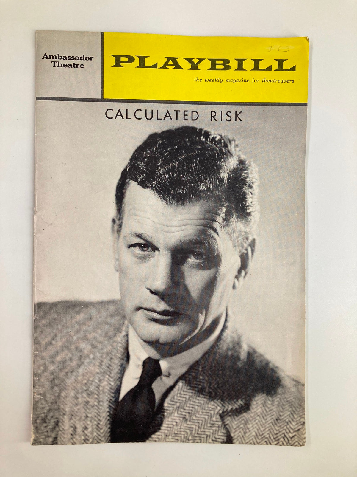 1963 Playbill from Ambassador Theatre featuring Joseph Cotten in Calculated Risk, showcasing a classic portrait of the actor on the cover.