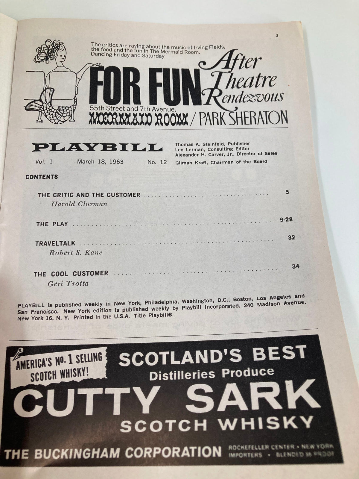 Interior page of the 1963 Playbill for Calculated Risk, listing the contents and contributors, dated March 18, 1963.