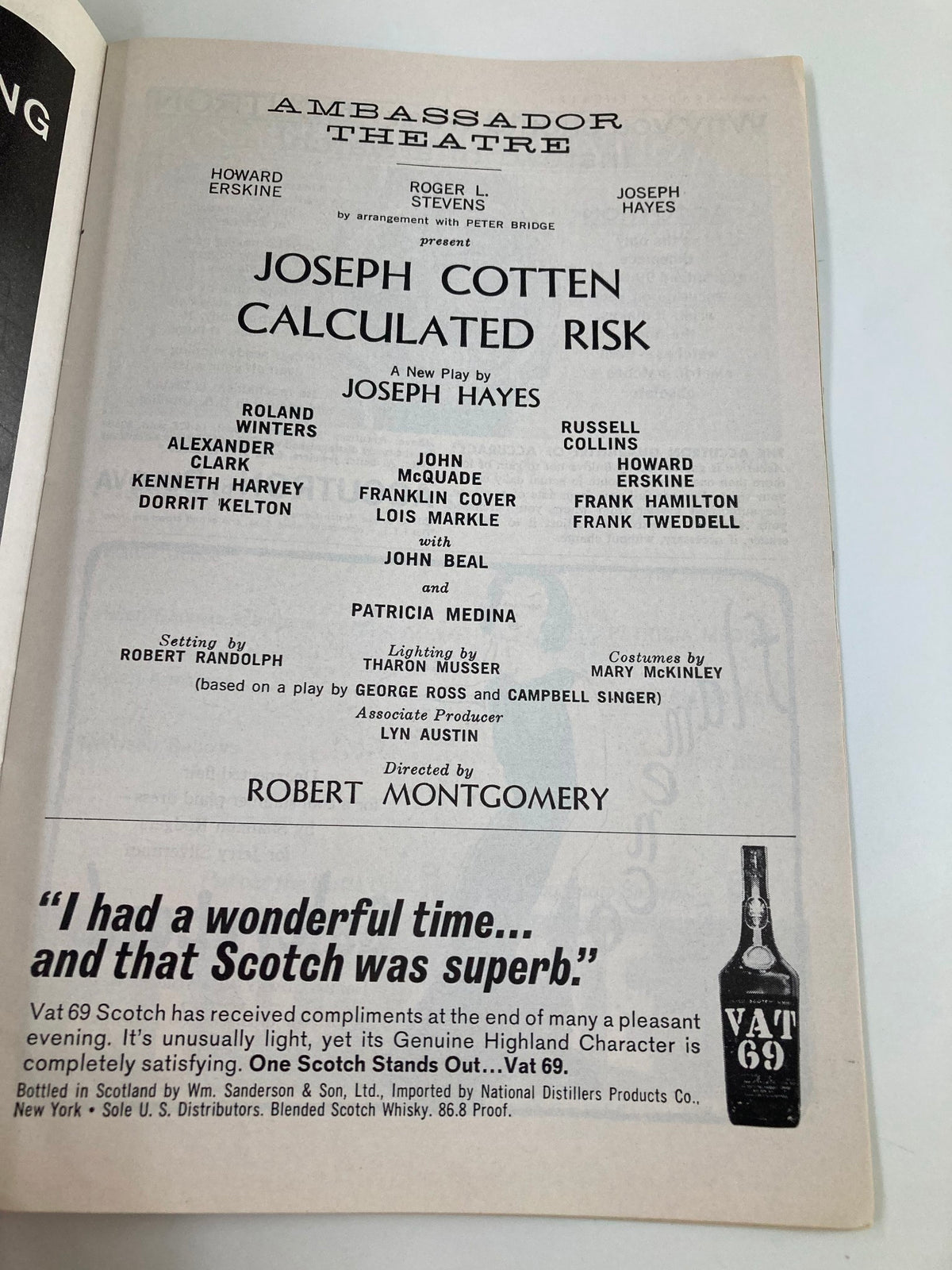 Second interior page of the Ambassador Theatre's 1963 Playbill for Calculated Risk, detailing cast and production credits for the play.