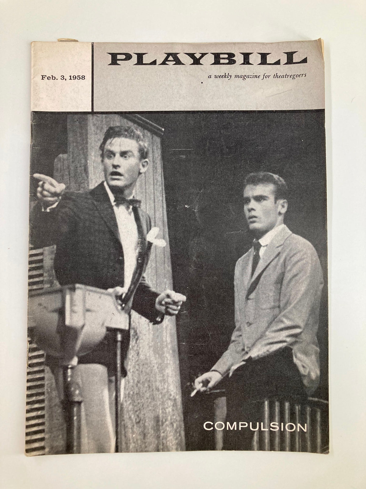 Vintage 1958 Playbill from the Ambassador Theatre featuring Frank Conroy in 'Compulsion', a classic drama by Michael Myerberg, showcasing the actors on stage.
