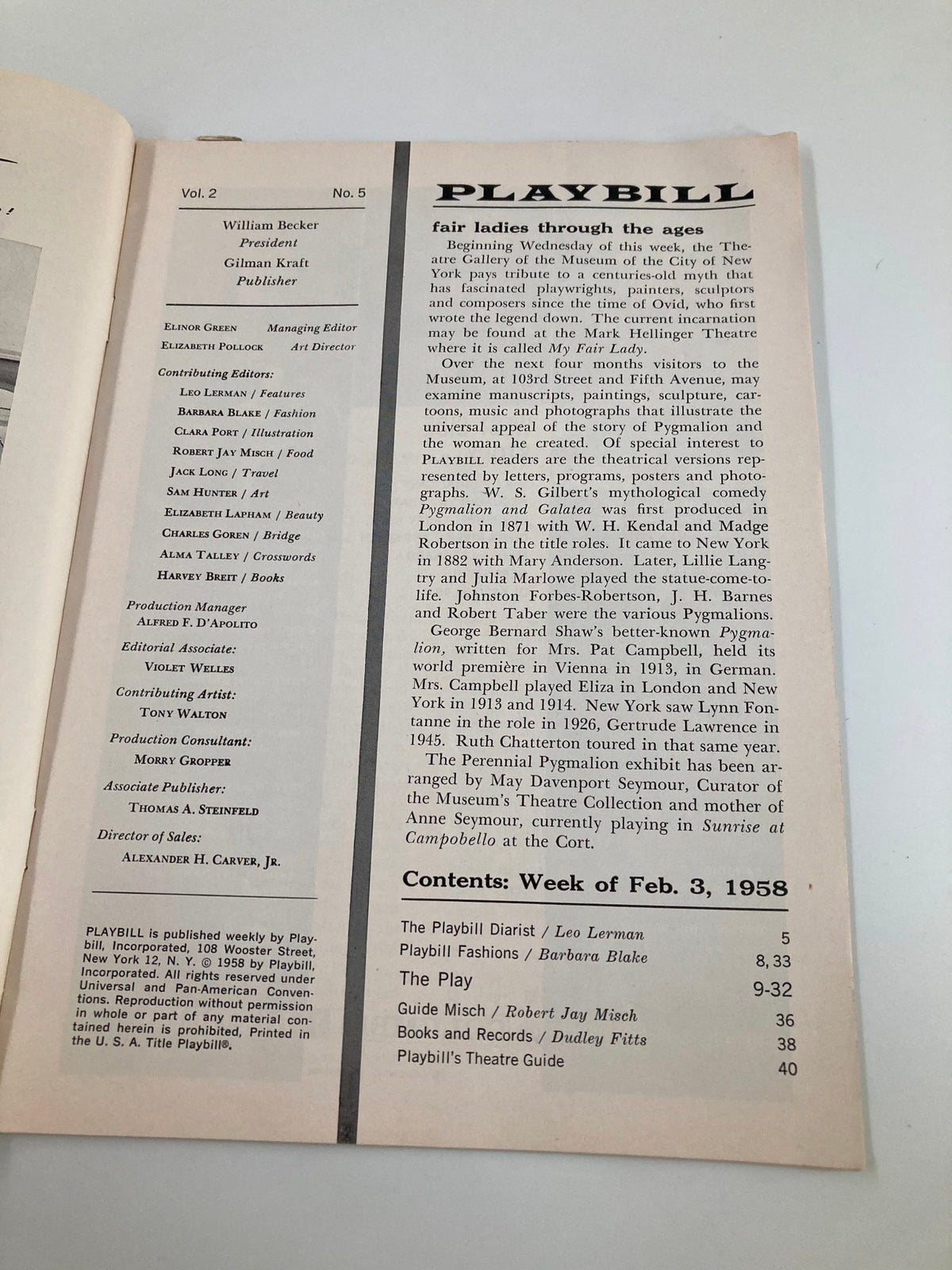 Inside view of the 1958 Playbill for 'Compulsion' at the Ambassador Theatre, detailing the contents and cast list from February 3, 1958.