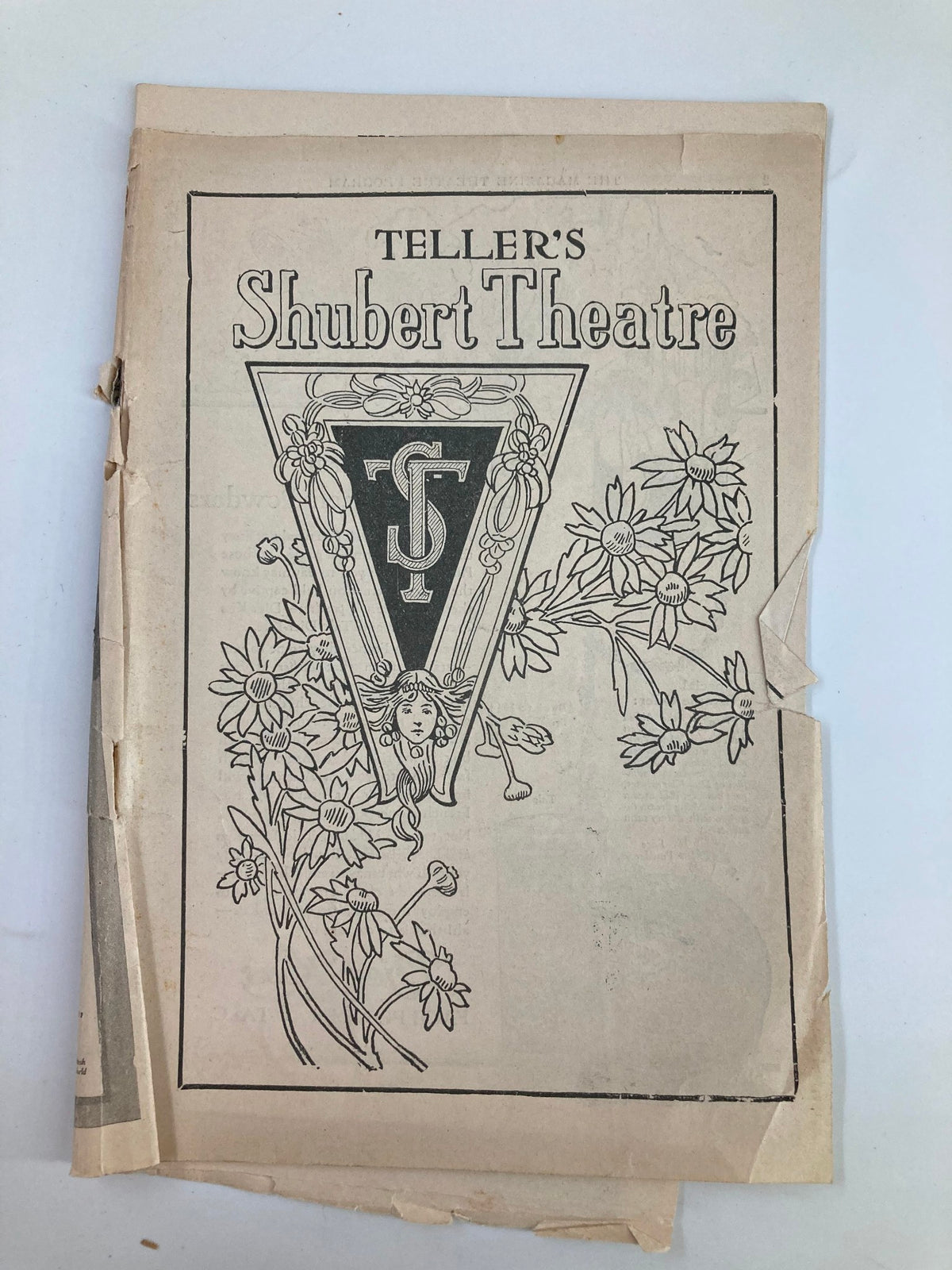 Front cover of the 1921 Teller's Shubert Theatre playbill for 'Spanish Love' featuring an artistic design with floral elements.
