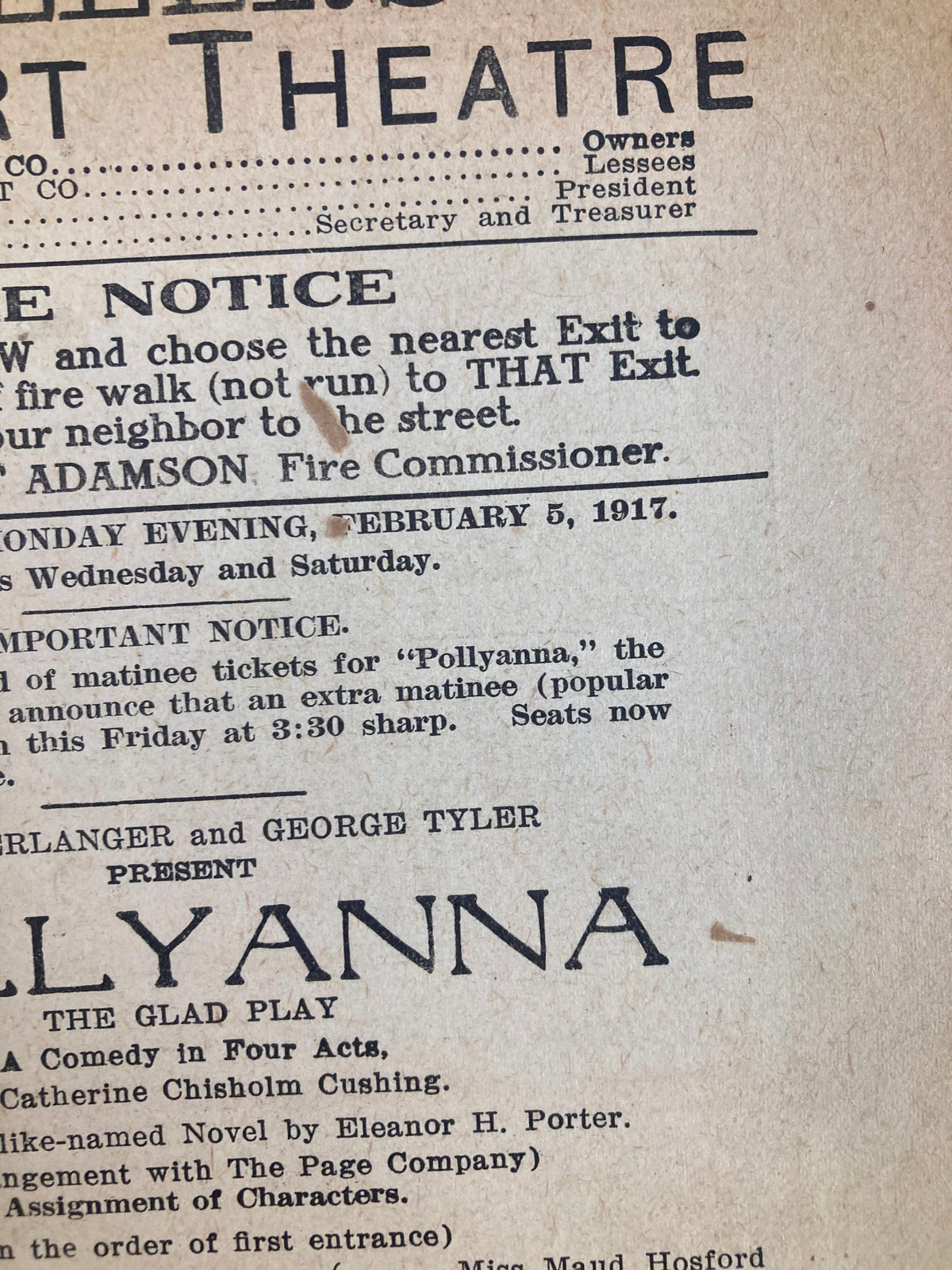Close-up of the program details for the 1917 Teller's Shubert Theatre Pollyanna The Glad Play by Catherine C. Cushing, offering insights into the performance and characters, valuable for theater enthusiasts.