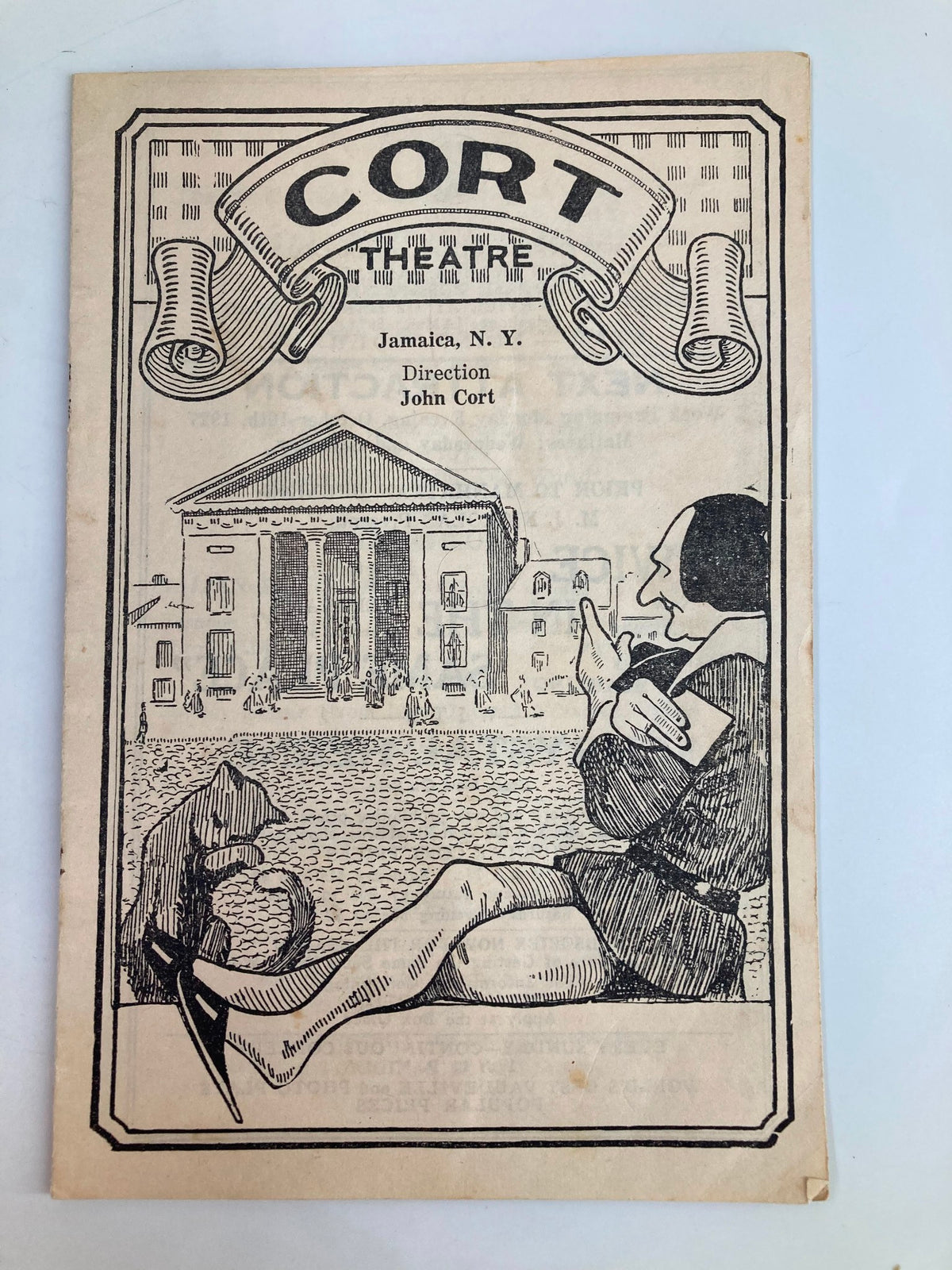 Cover of the 1927 Cort Theatre Playbill for '2 Girls Wanted,' featuring an illustration of the theater and information about the production by John Golden.