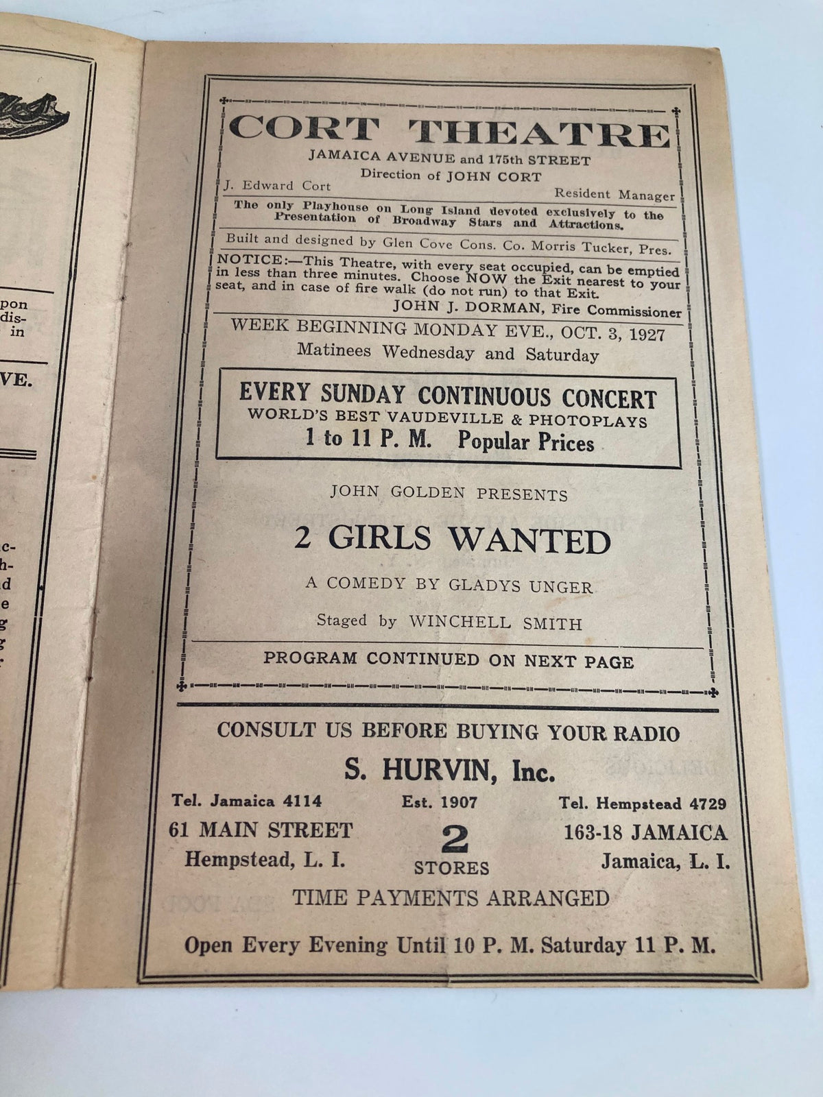 Interior page of the 1927 Cort Theatre Playbill detailing '2 Girls Wanted,' a comedy by Gladys Unger, along with the show's schedule and notable information.